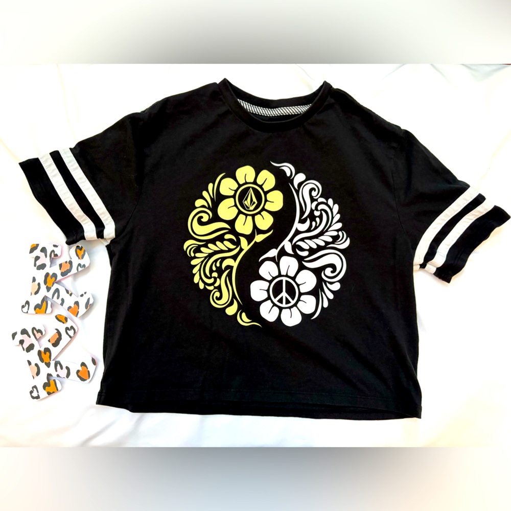 Black Crop Top Yellow and White Graphic Volcom